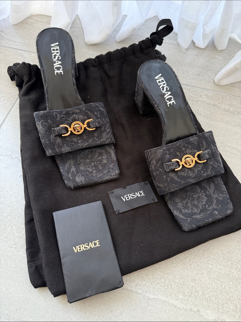 Versace Black Jacquard Slide Sandals with Gold Medusa Accent